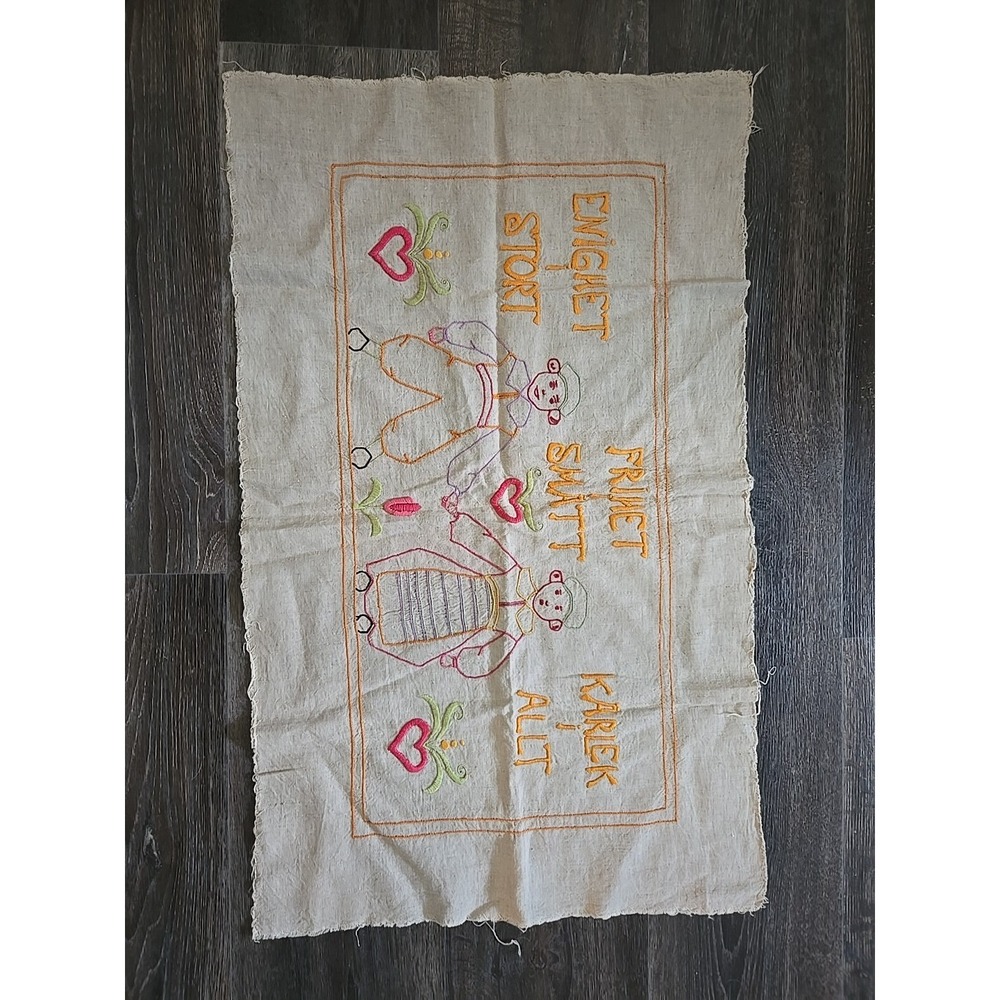 VTG Swedish Embroidered Linen Needlework Children Hearts Frihet Sutt